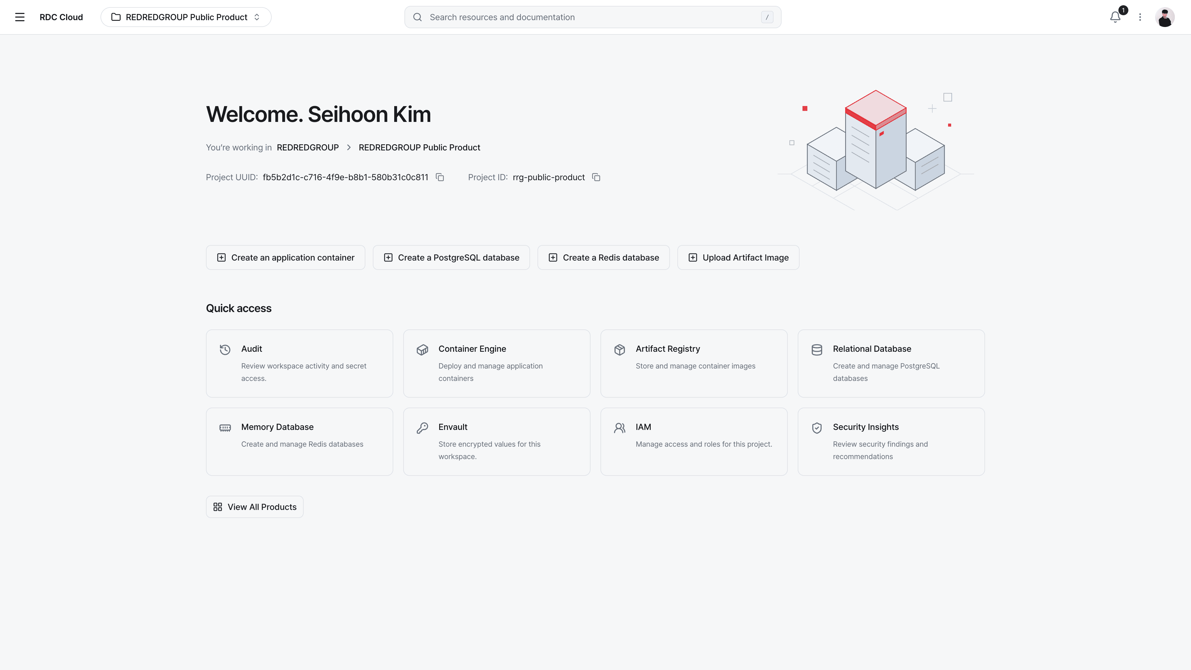 The RDC Cloud project console with Container Engine, Artifact Registry, Memory Database and billing account selection.