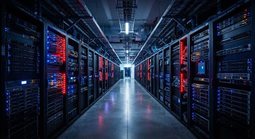 REDREDGROUP Datacenter 운영 기반을 표현하는 서버 랙과 네트워크 장비.